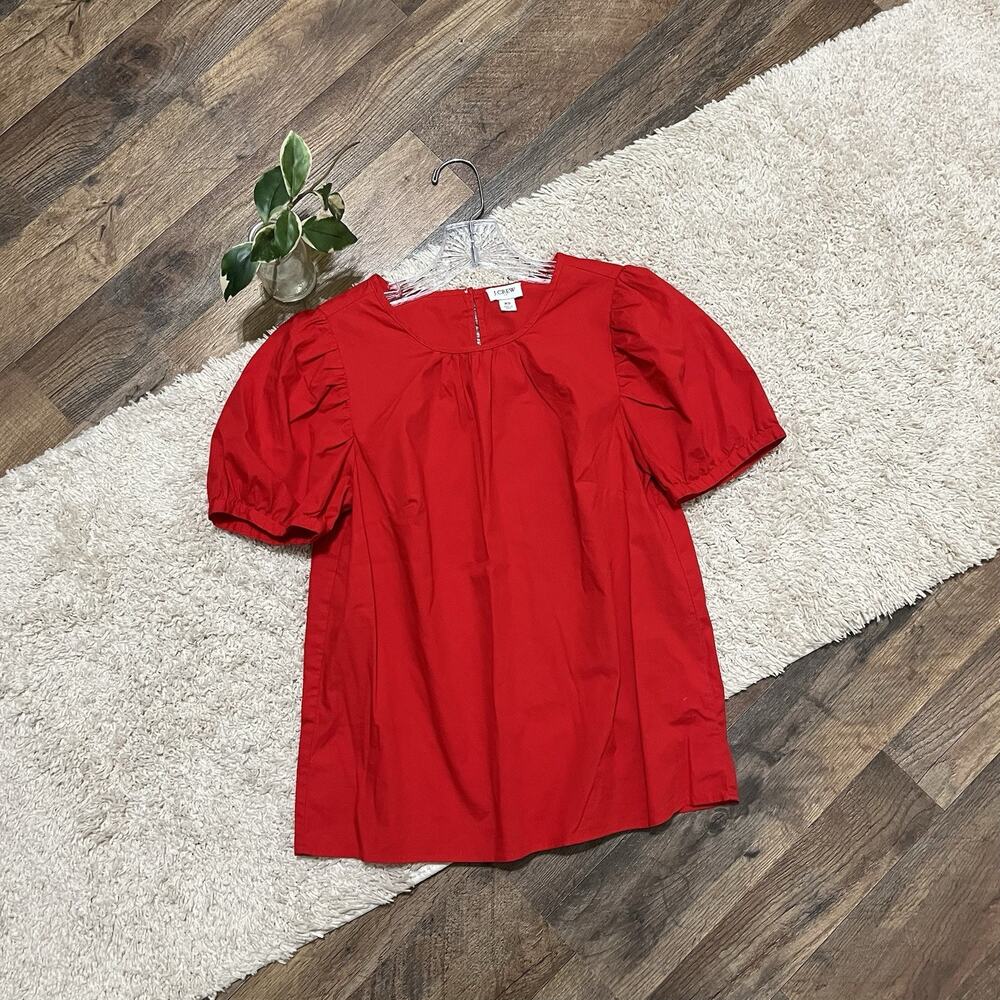 J.Crew Size XS Red Crewneck Cotton Poplin Puff Sleeve Keyhole Top